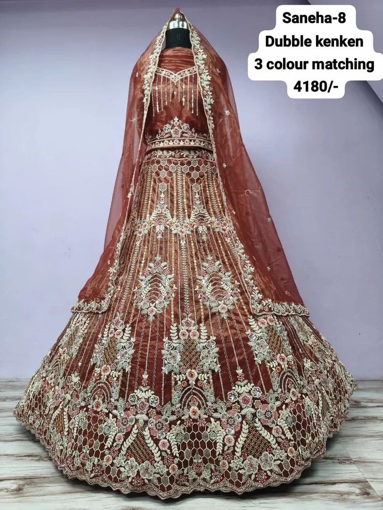 Panelled Rust Orange Velvet Zari Bridal Lehenga