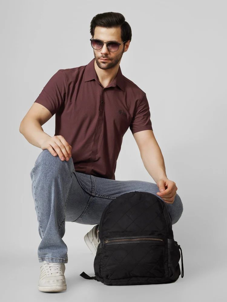 Nylon Textured Reddish Brown Mens Polo T Shirt