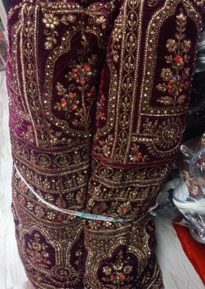 Mihrab Panelled Wine Velvet Dori Bridal Lehenga