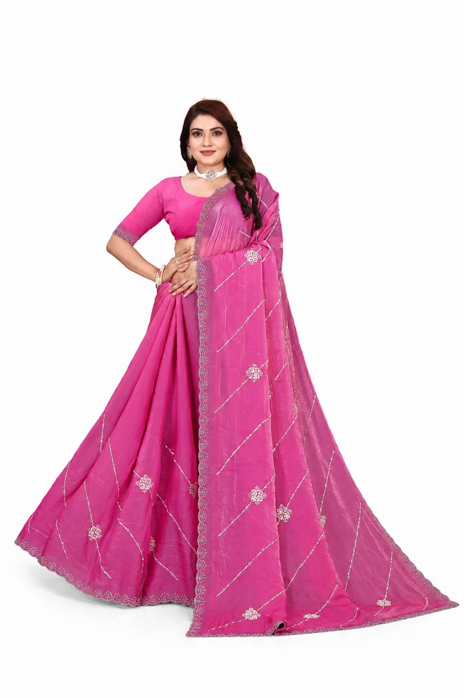 Women's Fendy Saree with Sequins & Beads Embroidery Work and Unstitched Blouse Piece  Rose Pink