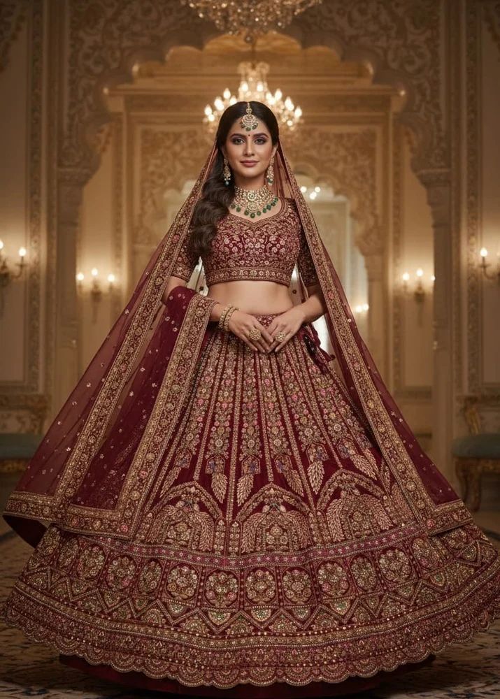 Geometric Maroon Velvet Sequin Bridal Lehenga