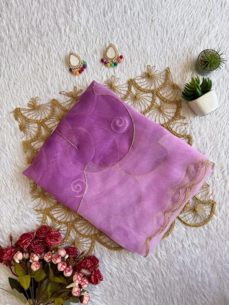 Orchid Pink Organza Handwork Saree