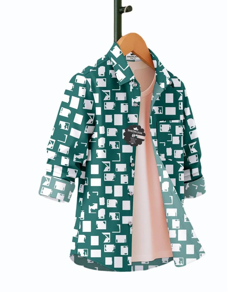 Forest Green Boys Rayon Geometric Print Shirt