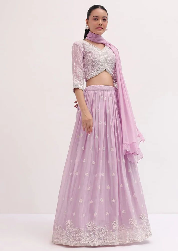 Direct Factory Price: Lavender Georgette Thread-Zari Embroidery Lehenga Choli