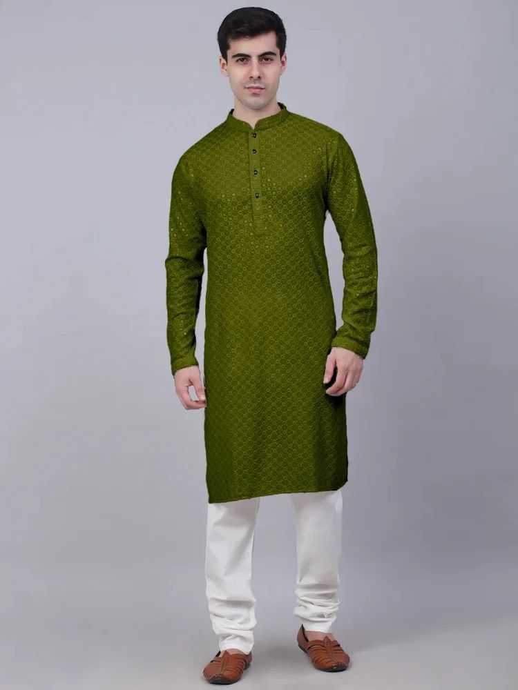 Men Embroidered, Embellished Cotton Rayon Straight Kurta