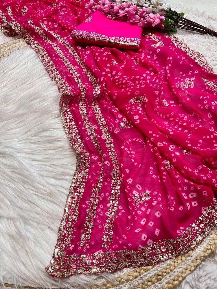 SOFT GEORGETTE BANDEJ SEQUENCE THREAD WORK WITH SEQANCE BORDER SAREE AT WHOLESALE PRICE