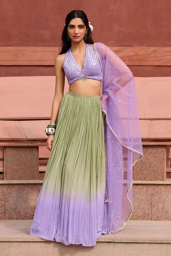 Olive Green Silk Thread Sequence Embroidery Work Lehenga Choli Set
