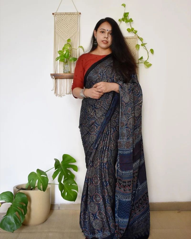 Printed Blue Chanderi Digital Print Saree