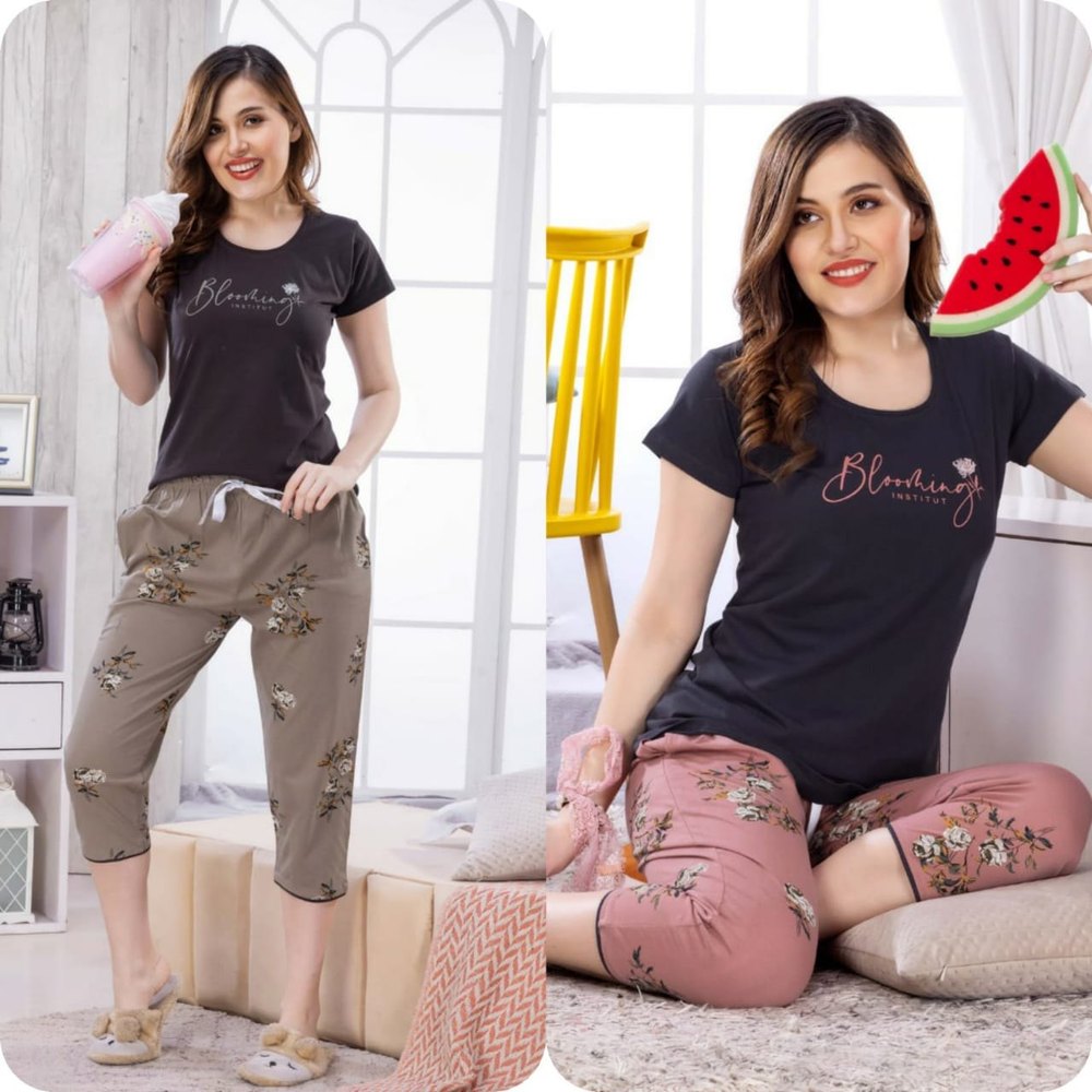 Ladies Stylish Nighty Half Sleeve T Shirt And 3/4 th Pant Black Grey