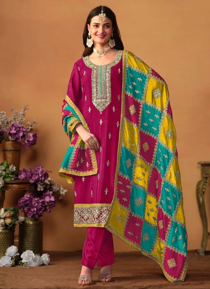 Pink Chinon Silk Pakistani Embroidered Suit, Semi Stitched