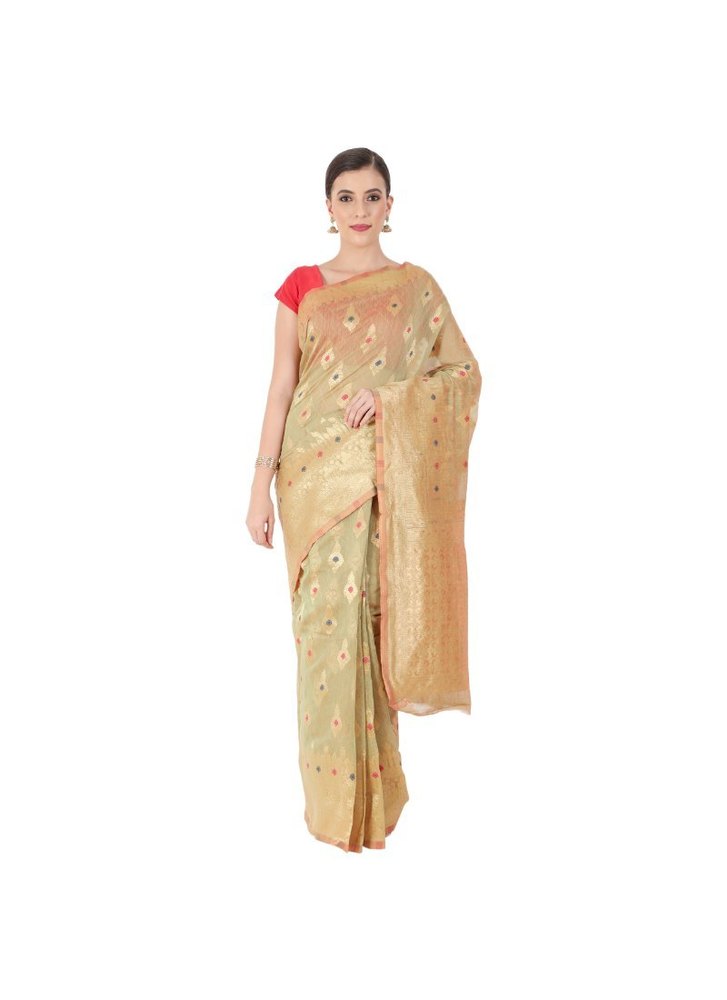 Leeza Store Women's Silk Blend Maheshwari Jacquard Golden Zari Woven Ethnic Motifs Saree