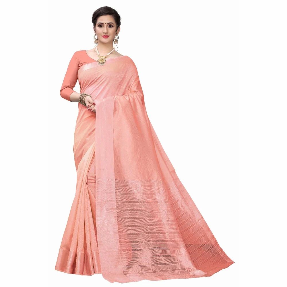 Peach Cotton Silk Blend Jacquard Solid Plain Jacquard Self Design Banarasi Style Saree