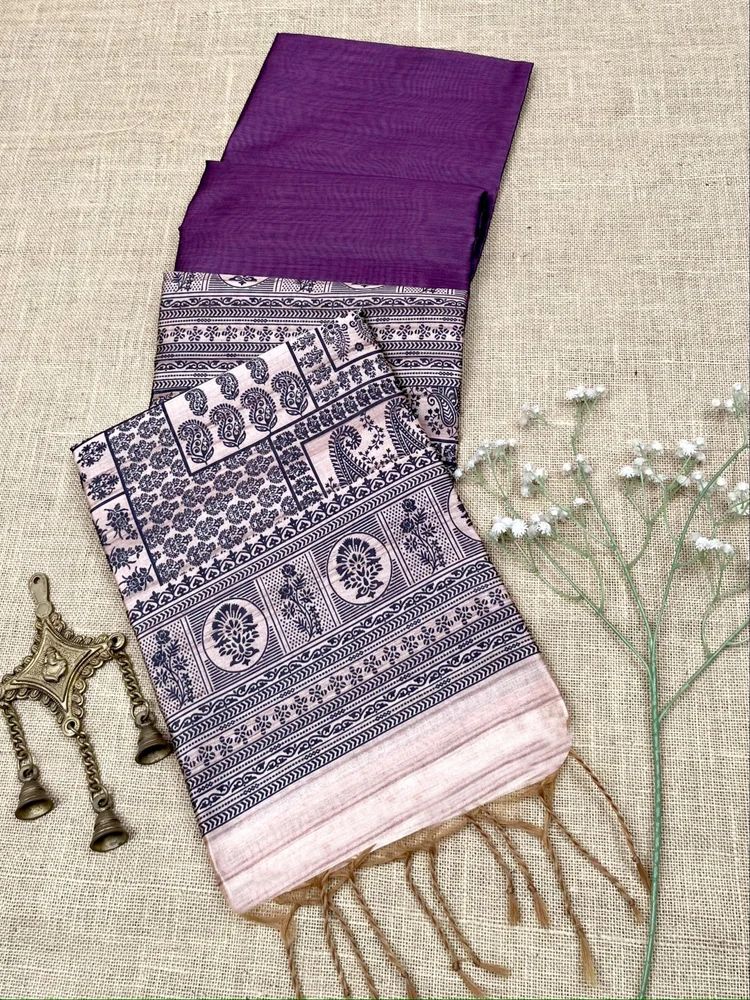 UNIQUE KALAMKARI PALLU AND BODER WITH PLAIN TUSSAR SILK SAREE