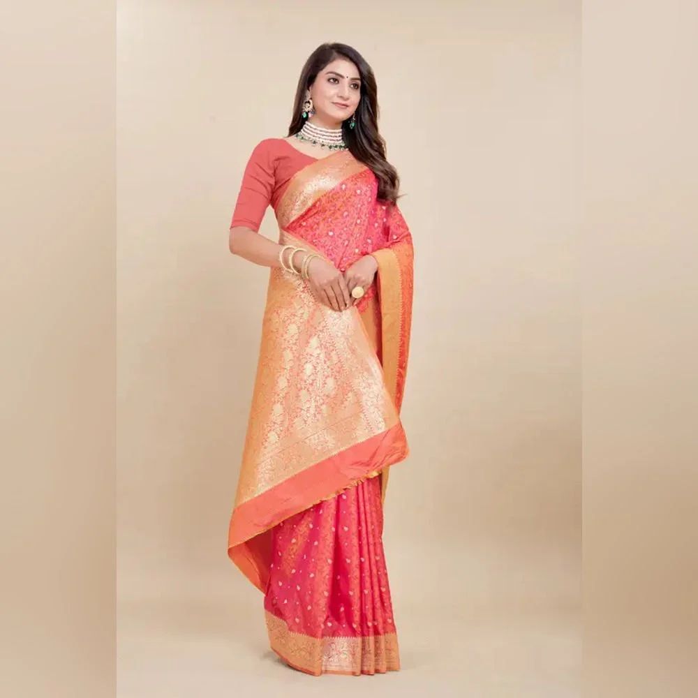 Ladies Silk Light Pink Printed Banarasi Saree