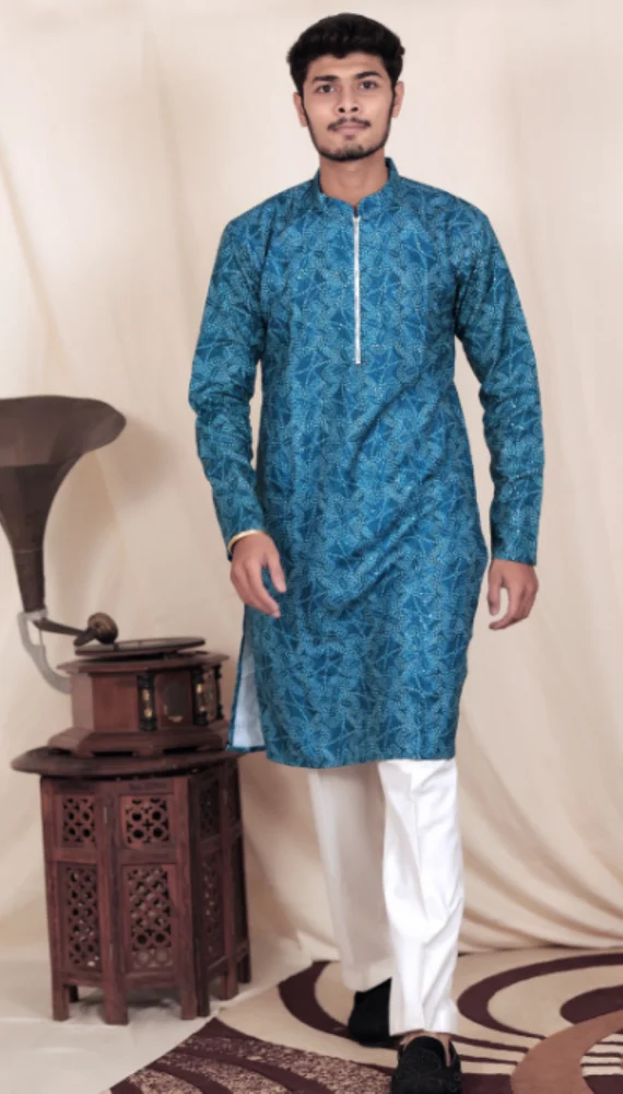 Royal Blue Threaded Digilook Men Cotton Kurta