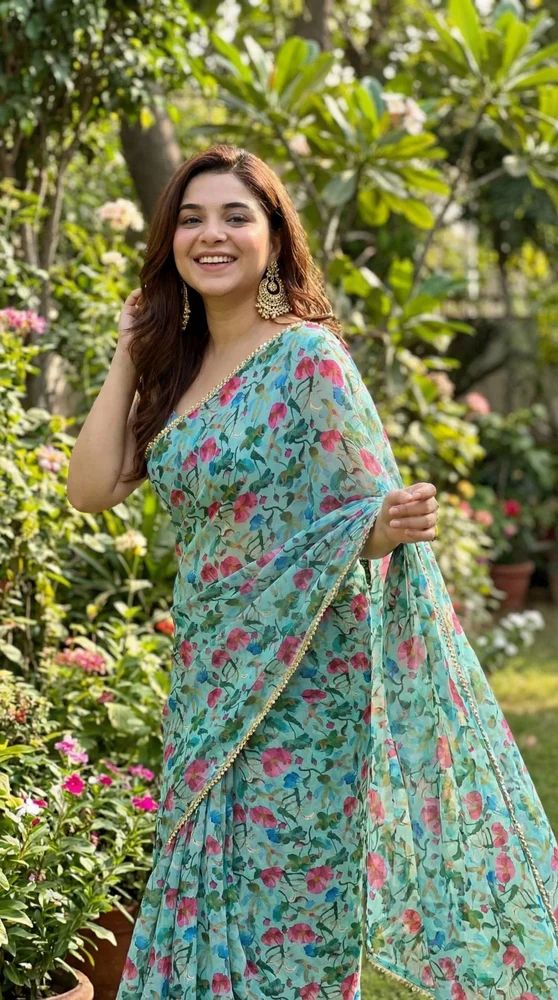 Georgette digital print pearl lace saree