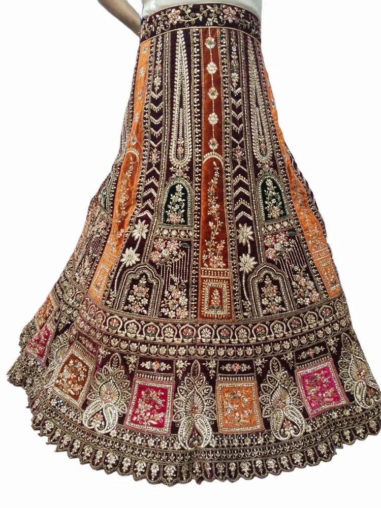 Arc Panelled Maroon Velvet Zardozi Bridal Lehenga