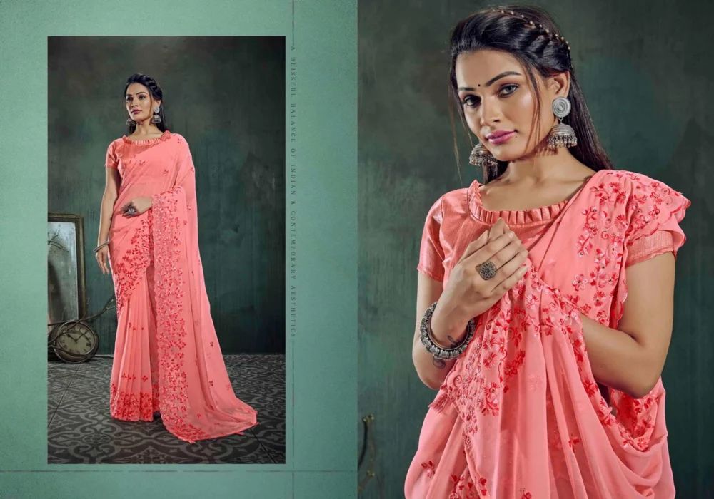 Ladies Peach Embroidery Georgette Saree