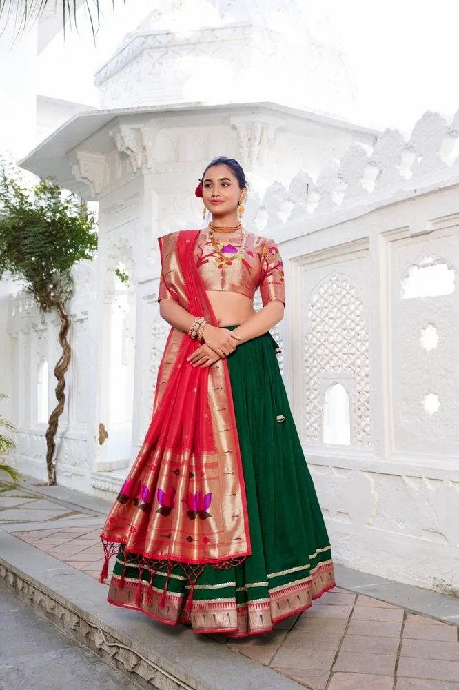 TRENDY CULTURE'S Designer Plain Vichitra Silk Lehenga with Paithani Lace Border