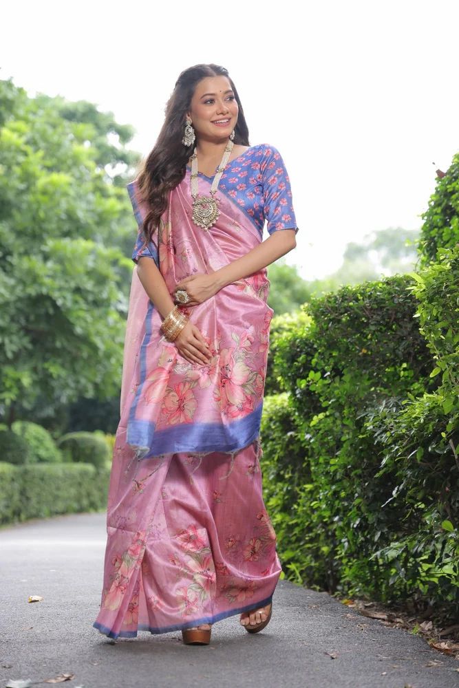 Soft tussar silk saree with beautiful floral print pallu and fancy tassels