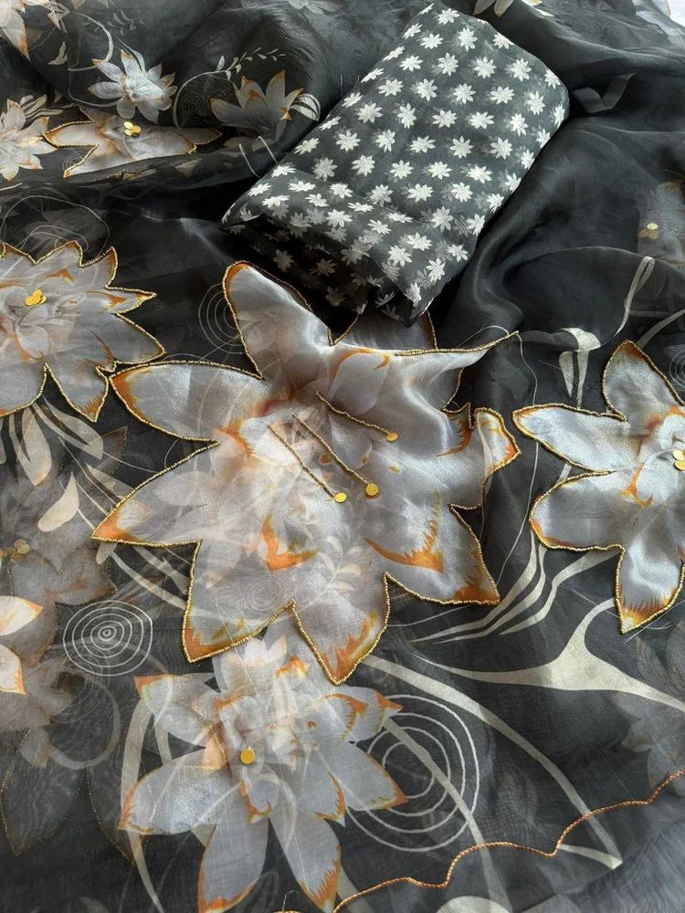 Ink Black Organza Handwork Saree