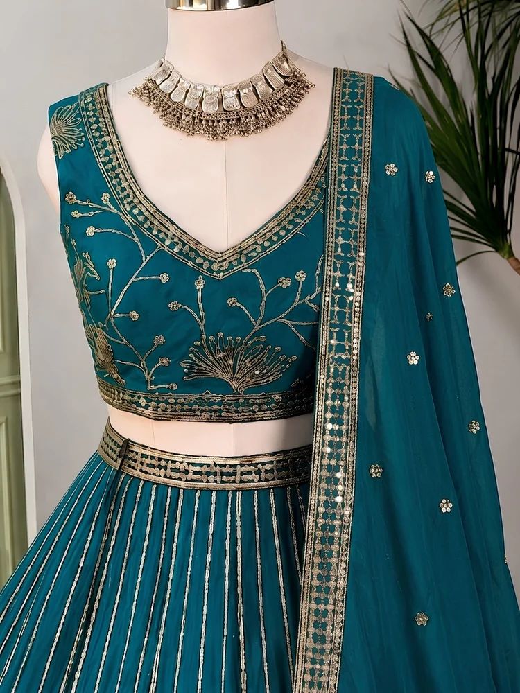 Heavy Sequence Embroidered Georgette Lehenga Choli In Teal Green Colour
