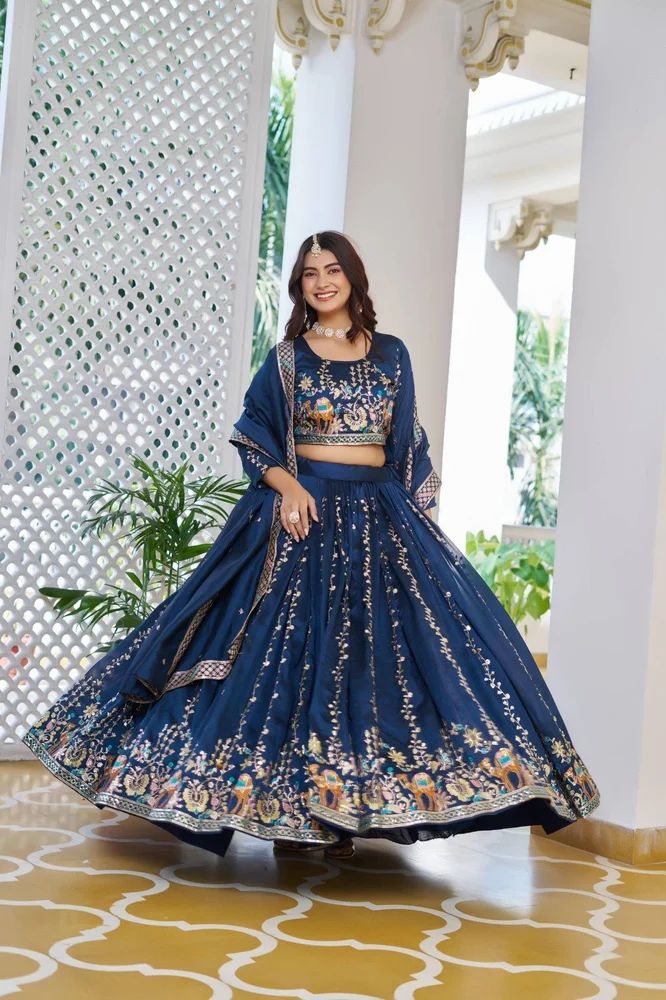 TRENDY CULTURE'S  designer  Pure Vichitra Lehenga Choli with Heavy Thread Embroidery - 3-Piece Set"