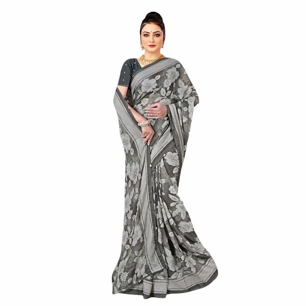 Grey Dull Moss Jari Printed Saree