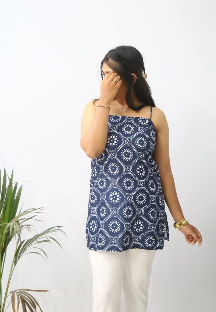 Navy Blue Printed Rayon Short Ladies Kurti