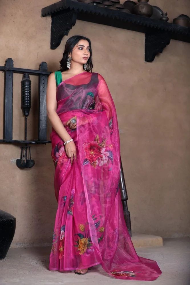Dark Pink Hand Work Organza Sarees