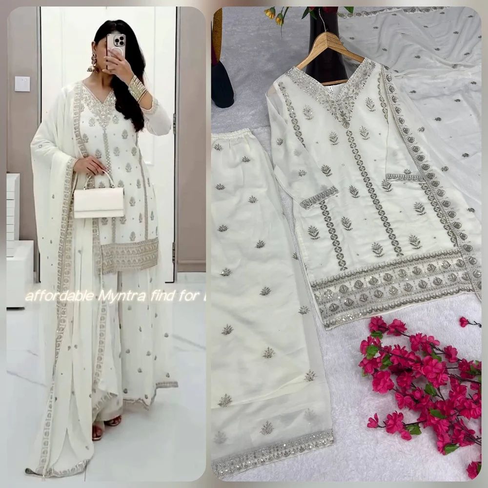 White / Off-White Georgette Embroidered Kurta Sharara Suit Set with Dupatta