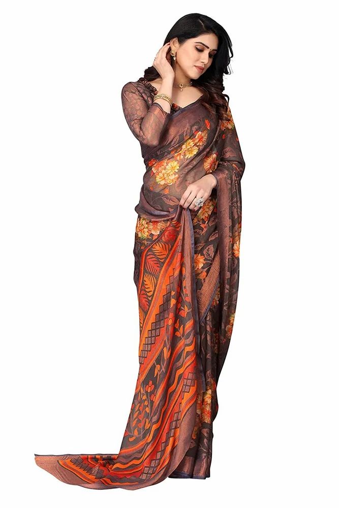 Two Toned Floral Printed Soft Chiffon Brasso Saree