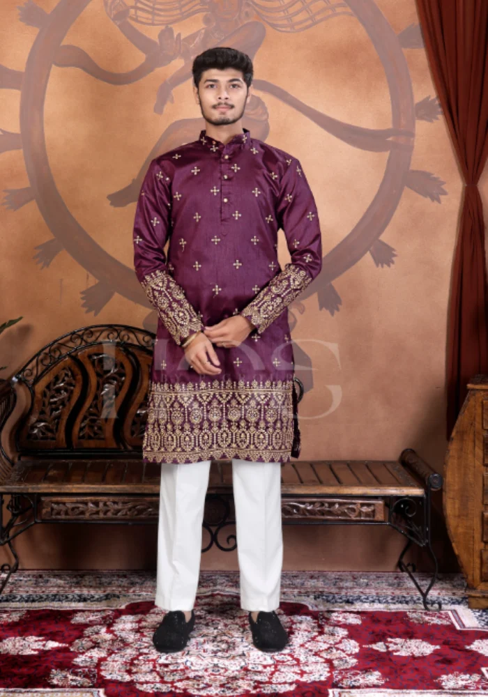 Maroon Palace Wedding Men Cotton Kurta