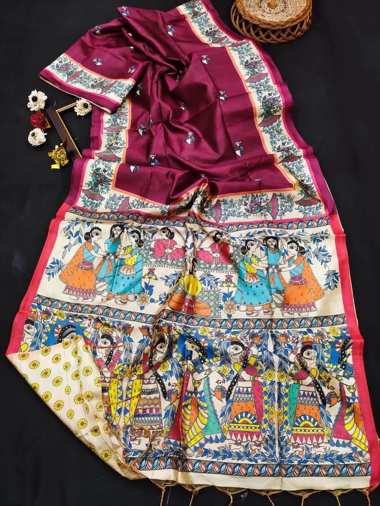Women's Beautiful Madhubani Prints Soft Tussar Silk Saree