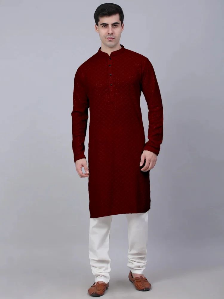 Men Embroidered, Embellished Cotton Rayon Straight Kurta