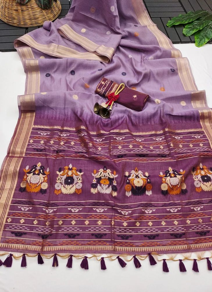 Premium soft Muga Cotton saree with colourfull weaving pallu and  traditional zari border saree
