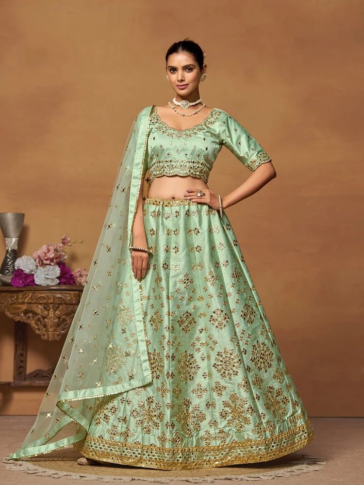 Green Mulberry Silk Foil Mirror Embroidery Sequence Work Lehenga Choli