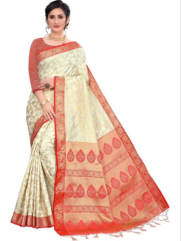 Leeza Store Women's White Silk Blend Jacquard Self Design Golden Zari Special Bengali Saree
