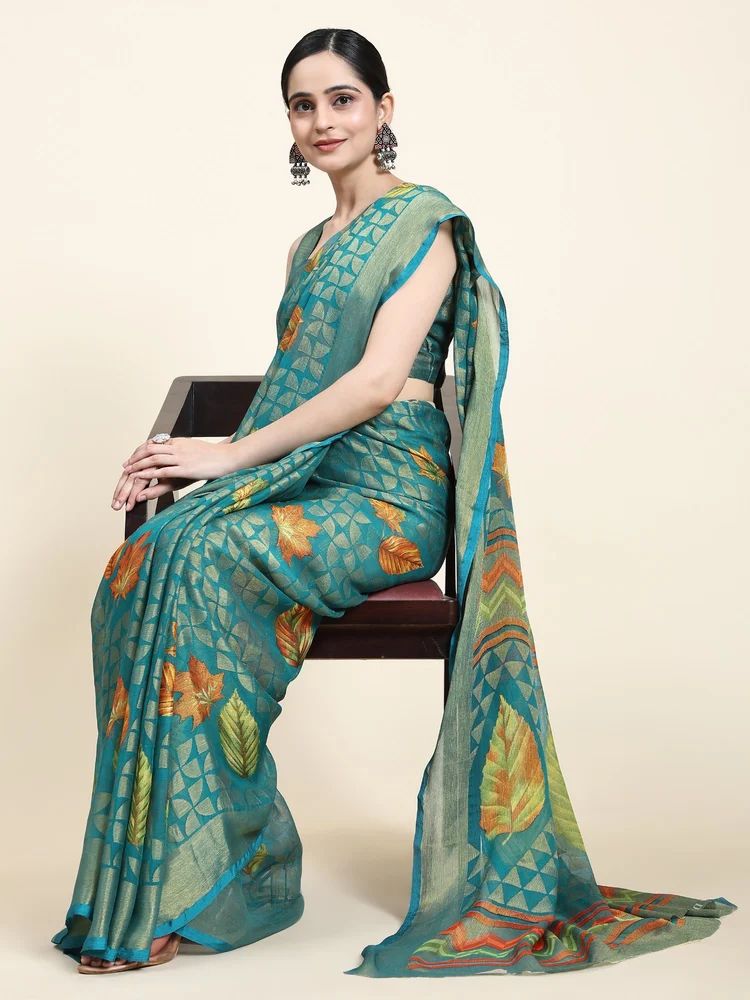 Ladies Rama Green Leaf Printed Chiffon Saree