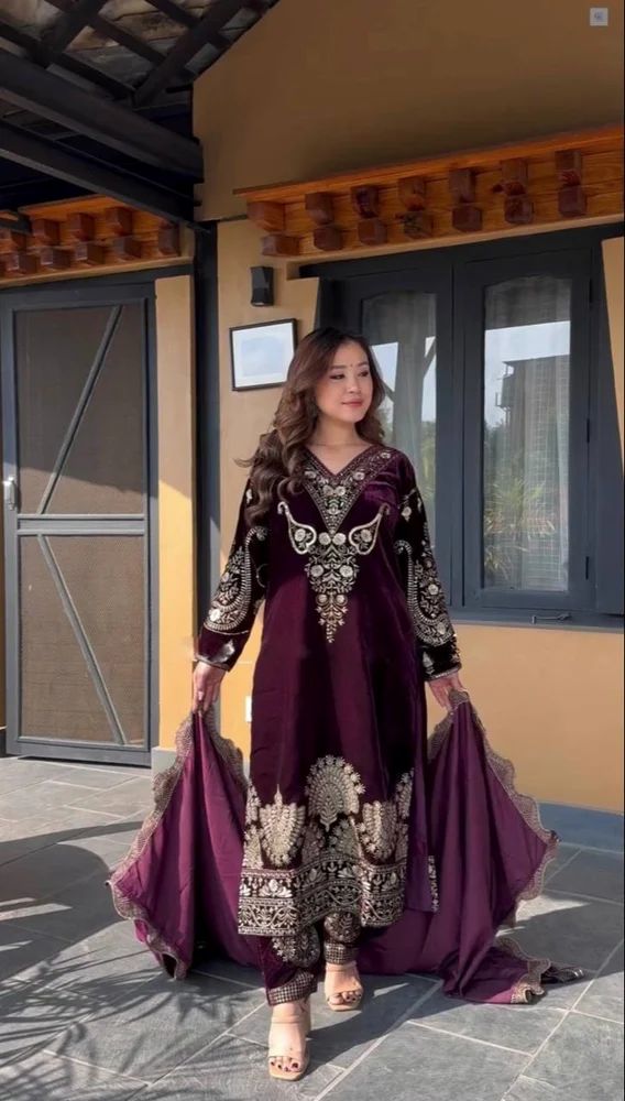 Ladies Winter Wear Embroidered Velvet Suit