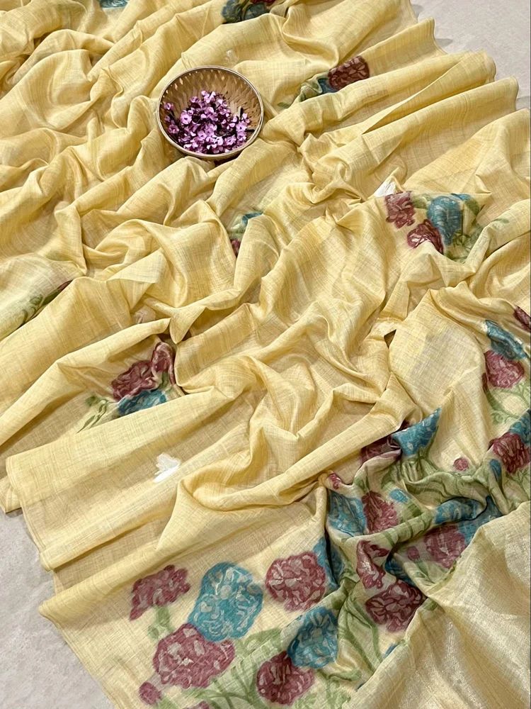 Premium soft Muga Cotton saree with floral concept  fancy tassels