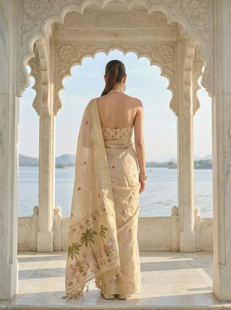 Off White Pichwai Jamdani Cotton Saree