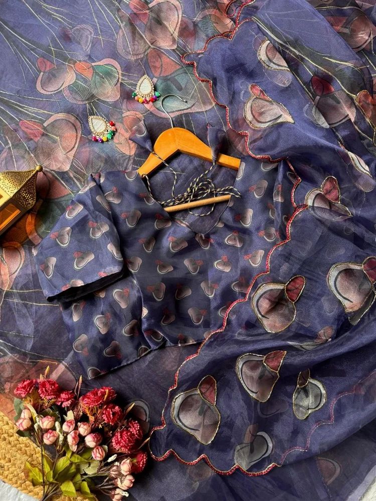 Berry Blue Organza Handwork Saree