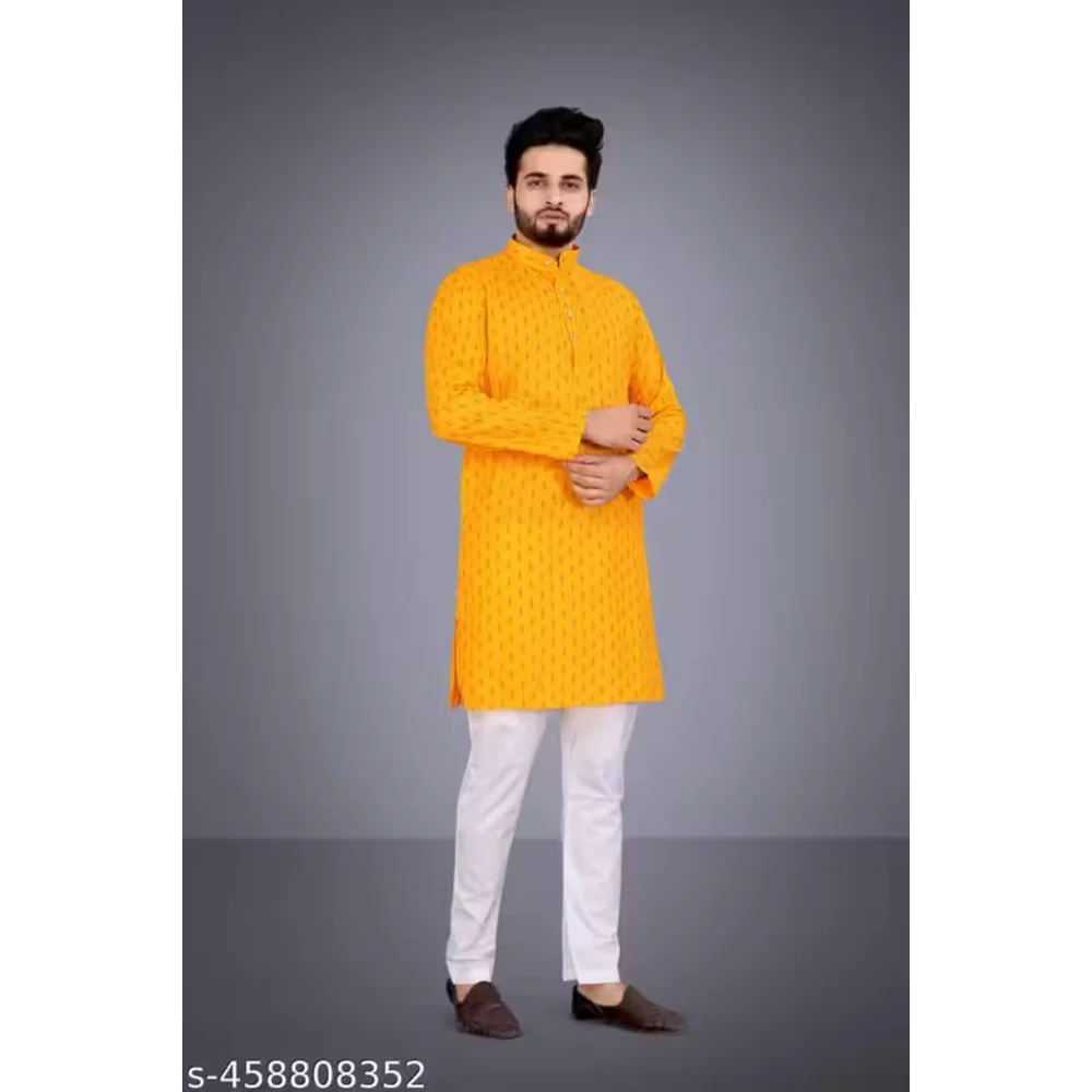 Men Bright Yellow Cotton Blend Plain Kurta