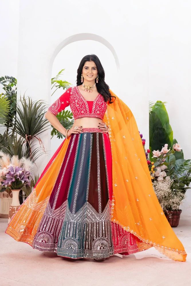 Womens Multicolor Designer Lehenga Choli with Orange Dupatta for Wedding & Festive Wear