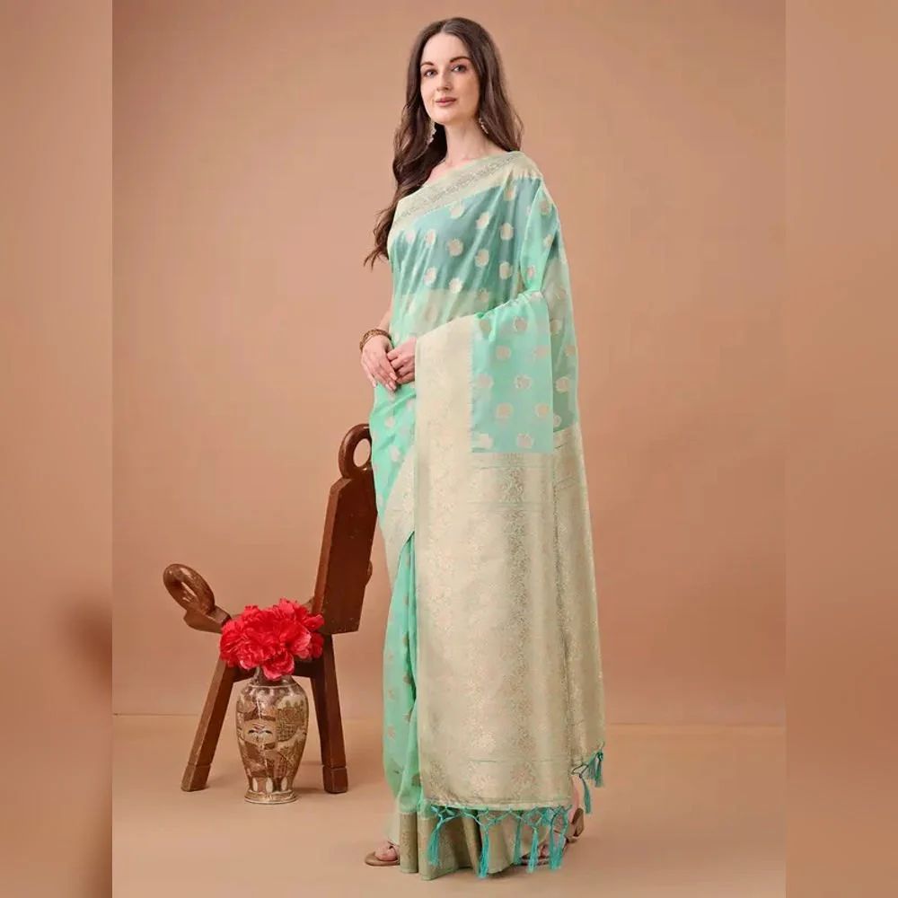 Ladies Silk Light Green Printed Organza Saree