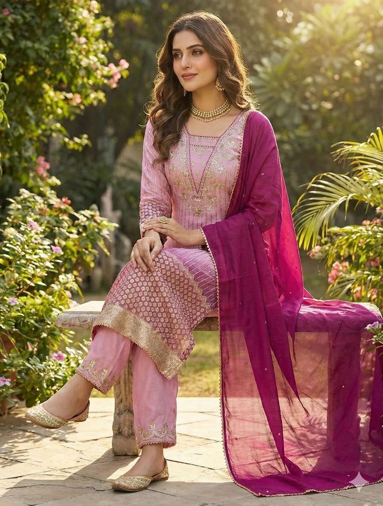 printed with sequence embroidery bordar lace work kurti with pant and dupatta