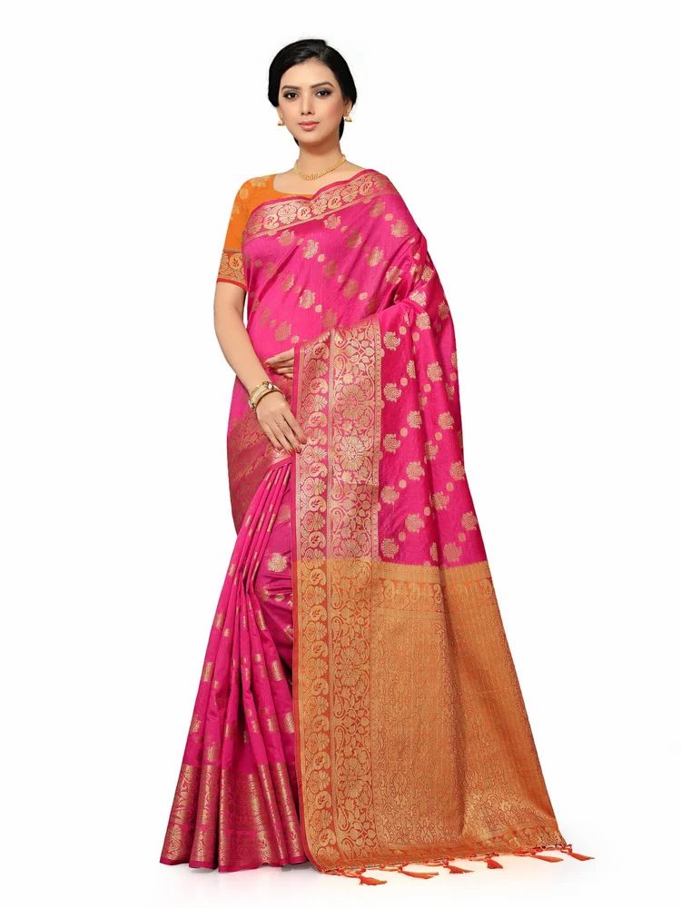Hot Pink Silk Blend Jacquard Golden Zari Border Tassels Banarasi Style Saree