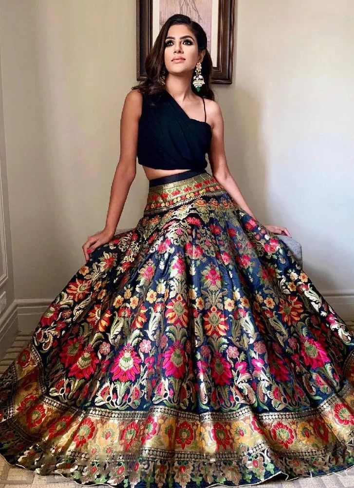 Black Banarasi Silk Indo-Western Lehenga Set - Direct Factory Price by TRENDY CULTURE