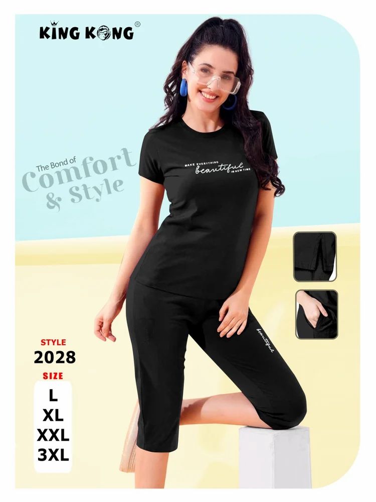 Hosiery Cotton Ladies T-Shirt Capri Night Suit (Size L to 3XL)